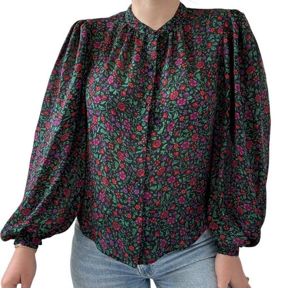 Veronica Beard Ashlynn Blouse Black Pink Floral 100% Silk Sheer Sz 2 - Picture 5 of 8